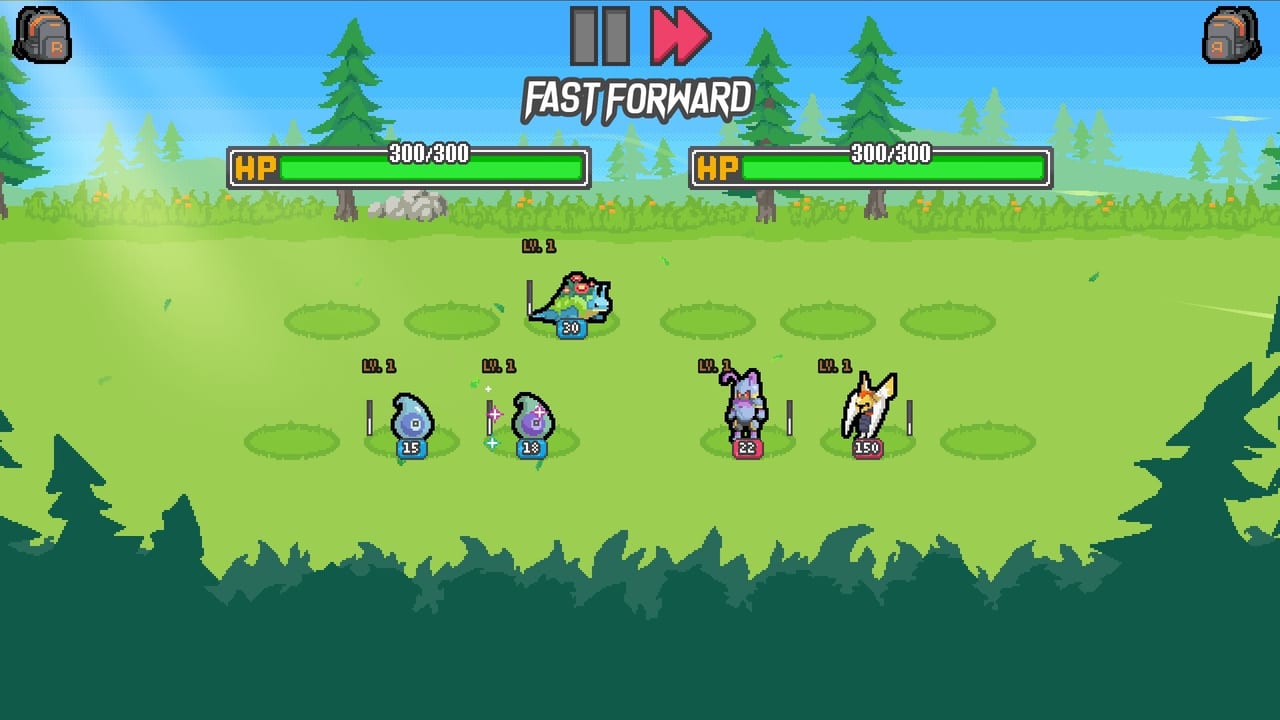 Grassy battlefield with two shared HP bars, Fast Forward controls, and early Batomon